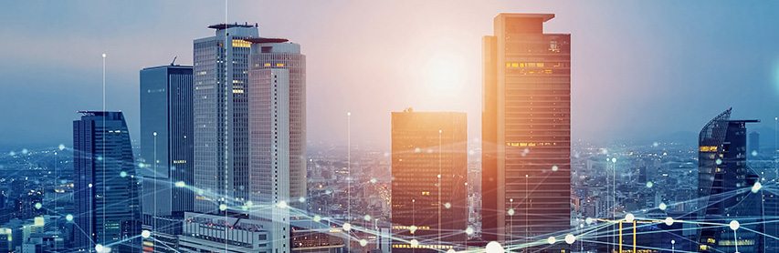 Connectivity concept image over a cityscape.